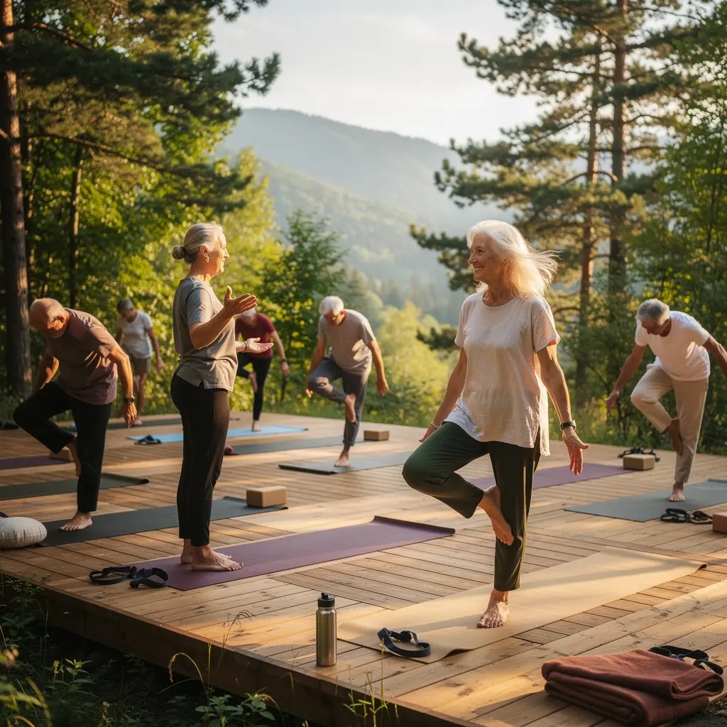 Старши дама, използваща опора за баланс по време на тренировка.