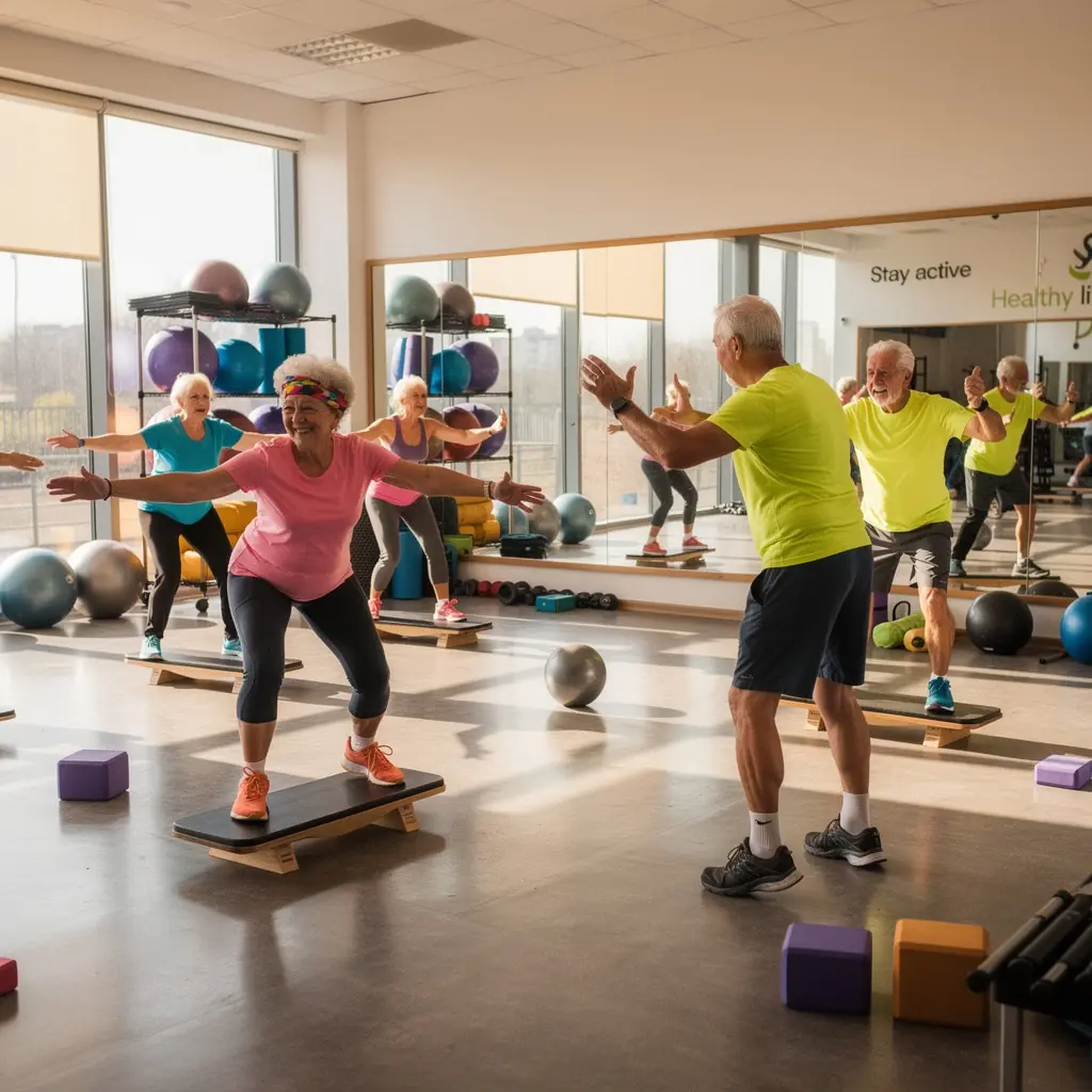 Група възрастни хора, практикуващи разтягания в парка.