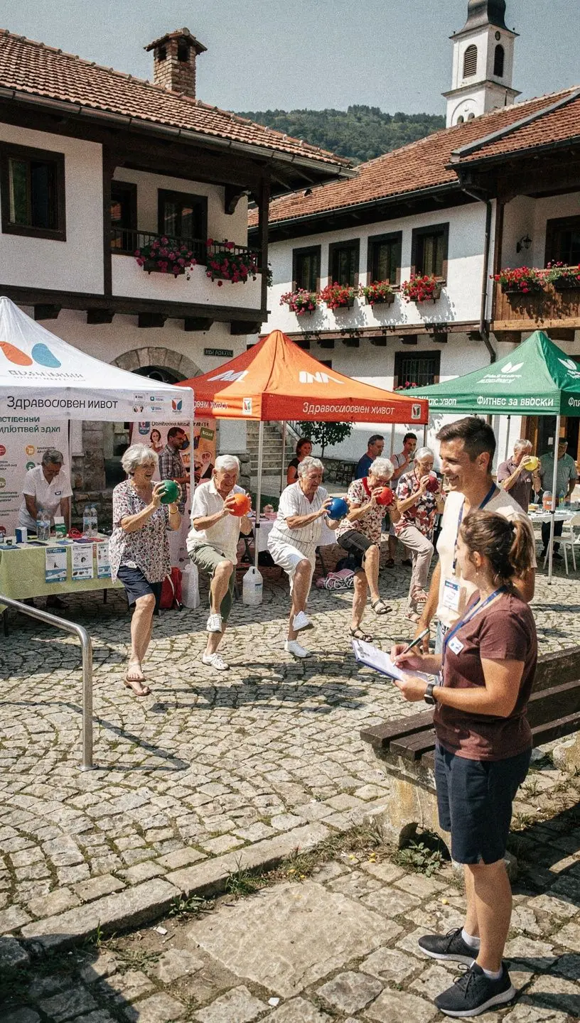 Възрастен мъж, който се усмихва, докато изпълнява упражнения за гъвкавост.
