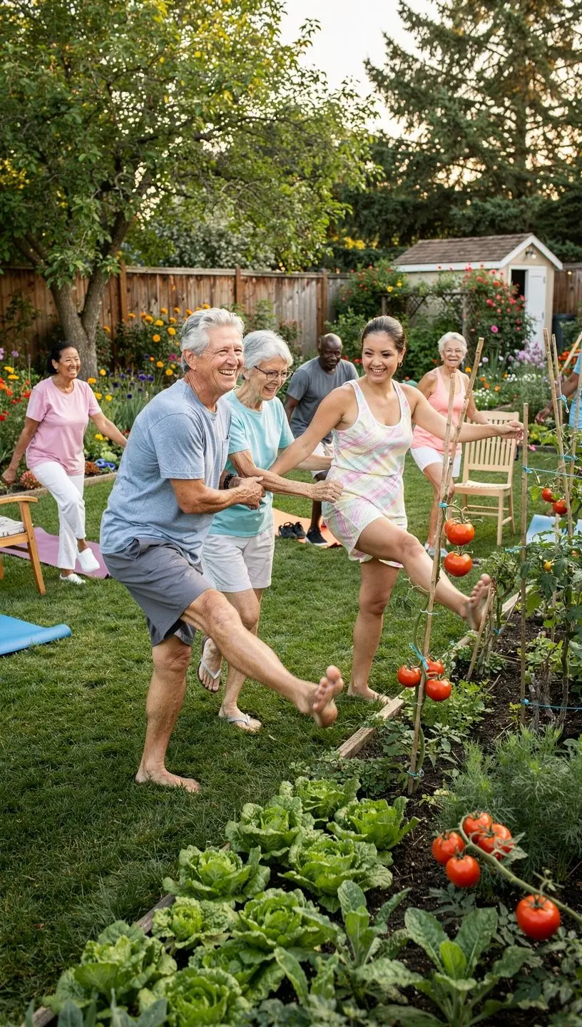 Възрастни хора, ангажирани в онлайн сесия за тренировка за баланс у дома.