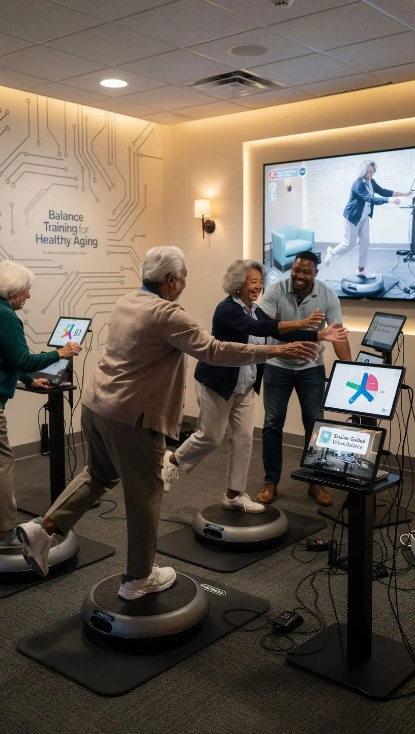 Старши хора, които изпълняват упражнения за баланс на открито.